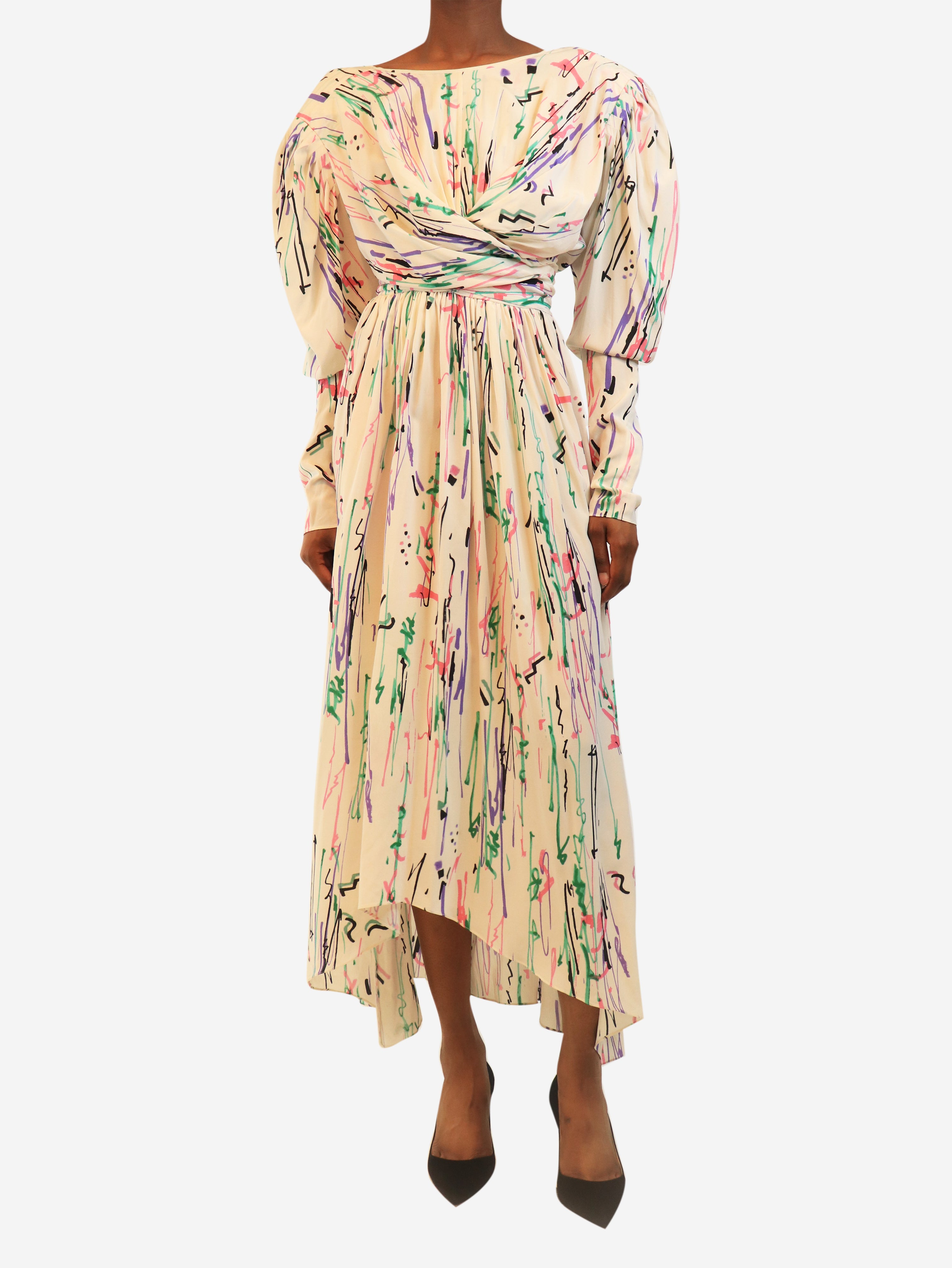 Cream scribble-print midi dress - size UK 6