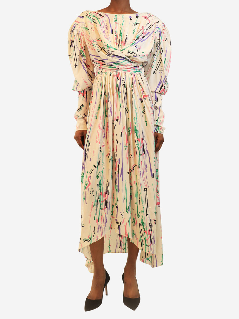 Cream scribble-print midi dress - size UK 6