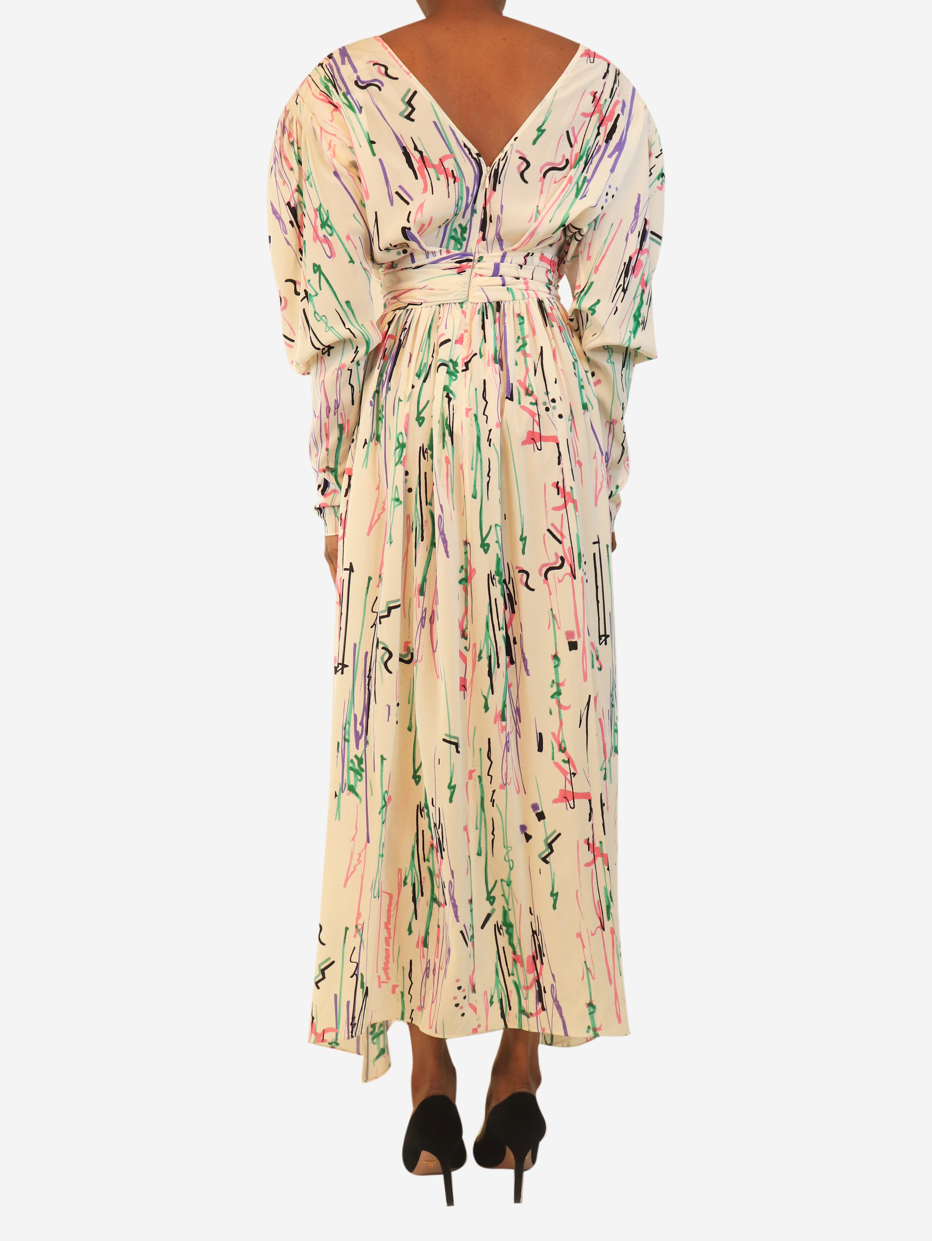 Cream scribble-print midi dress - size UK 6