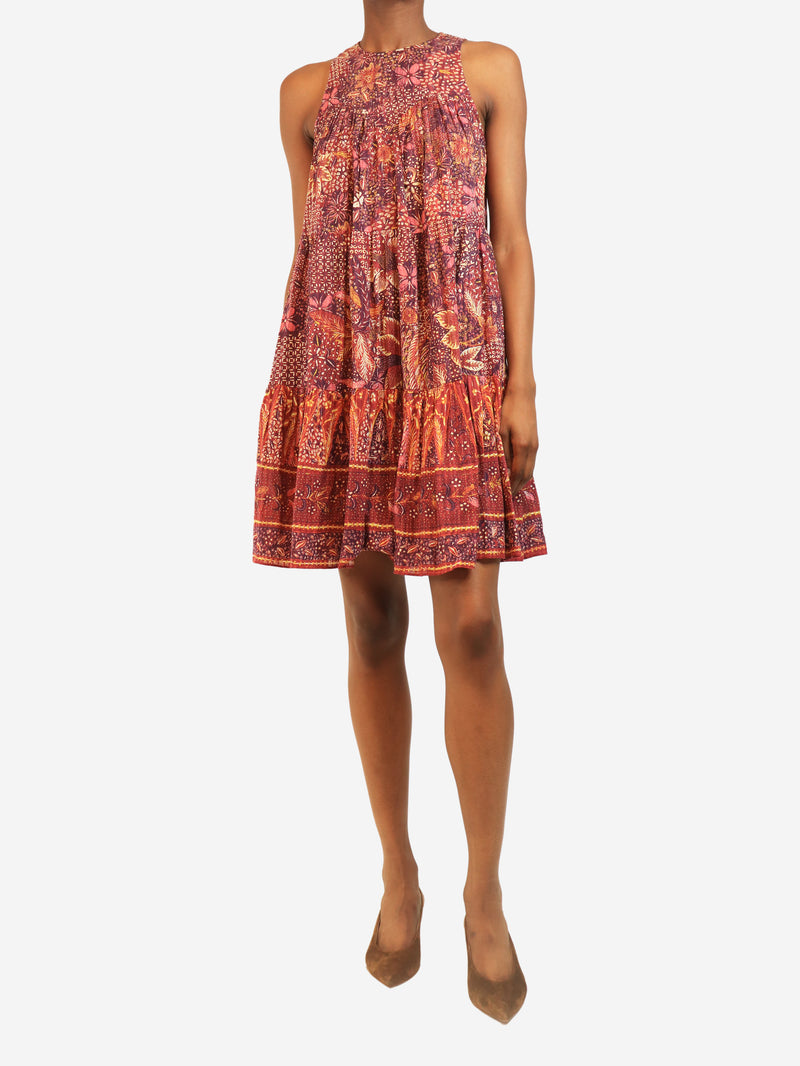 Red sleeveless printed mini dress - size UK 2