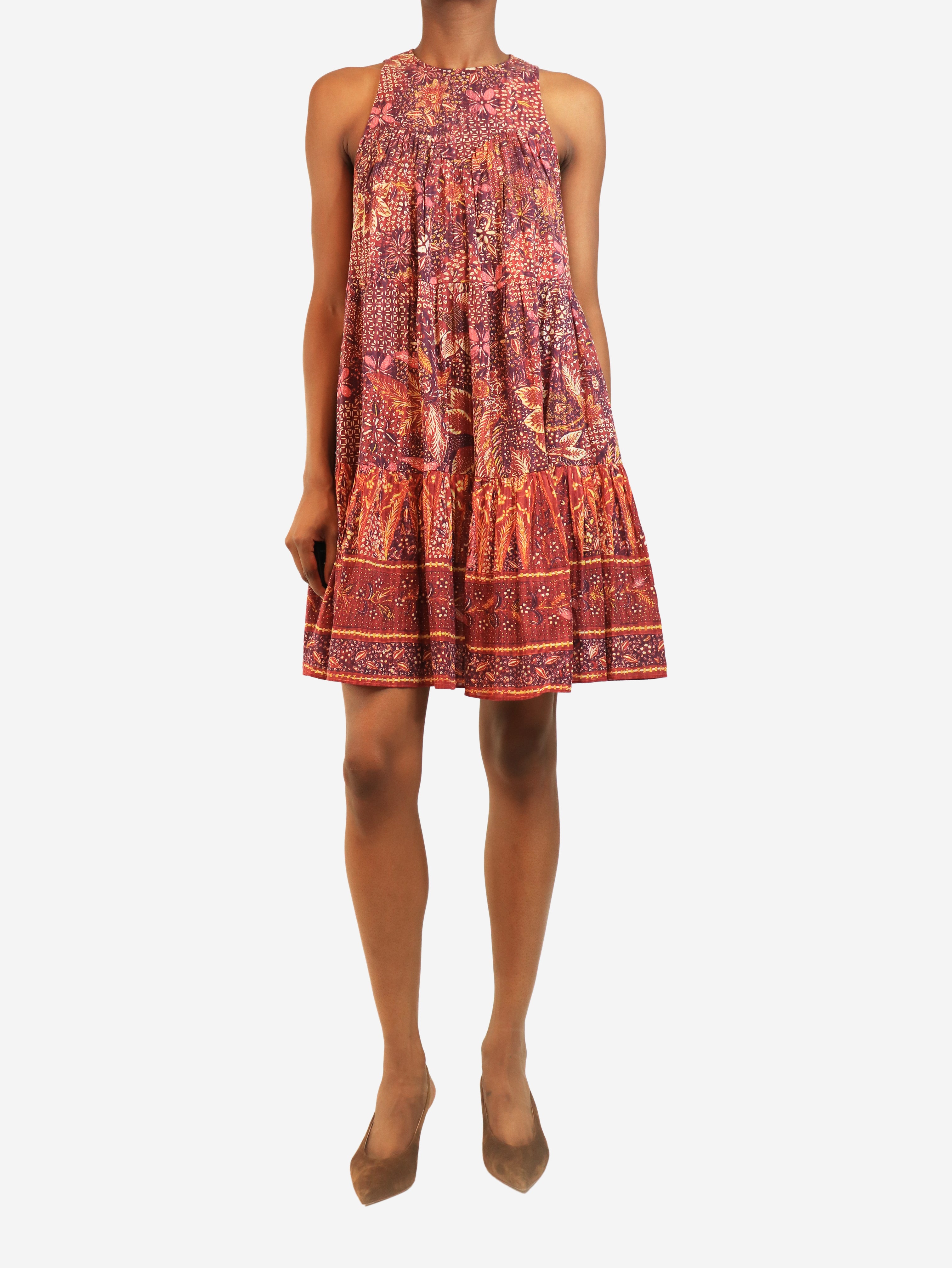 Red sleeveless printed mini dress - size UK 2