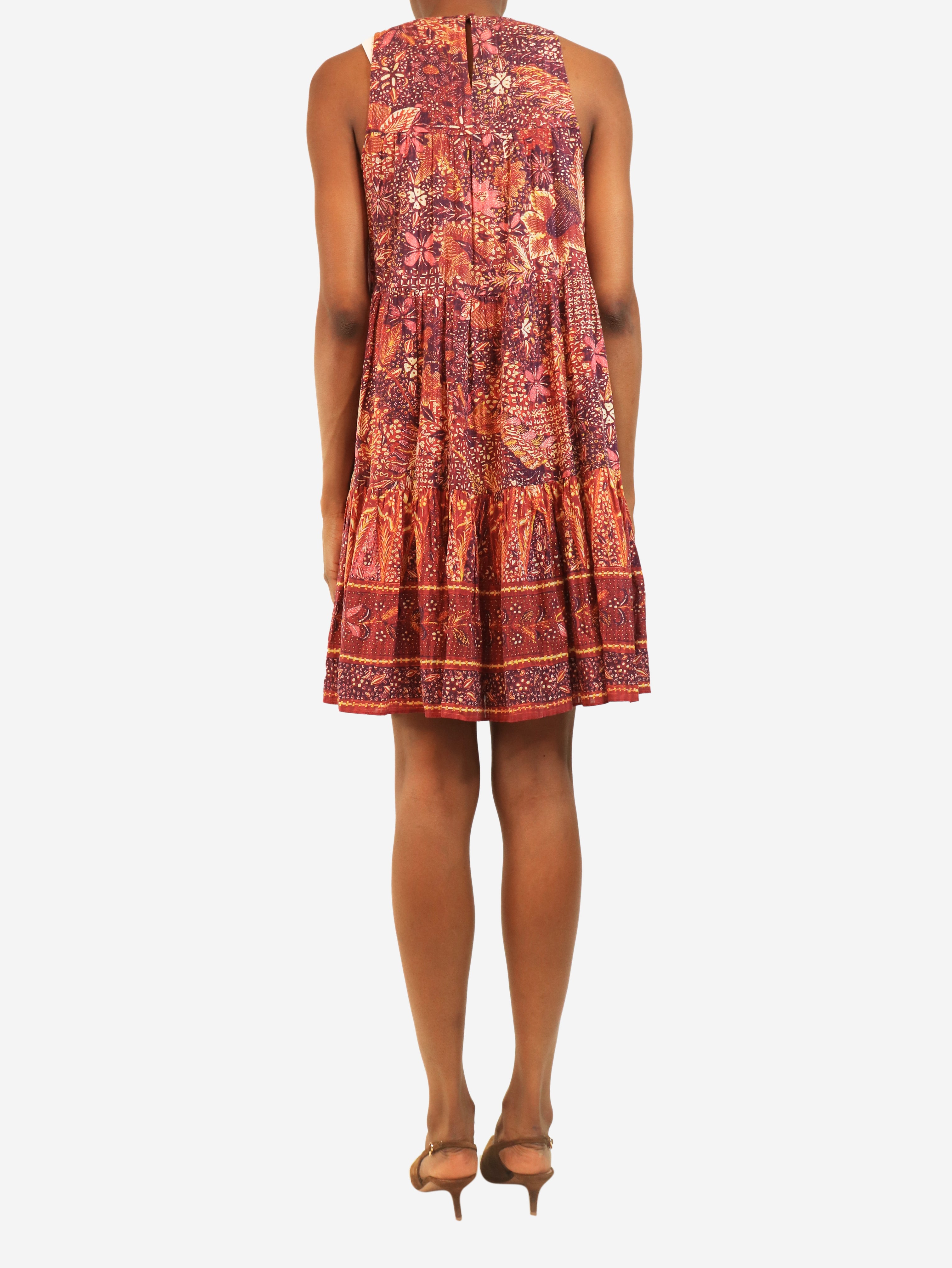 Red sleeveless printed mini dress - size UK 2