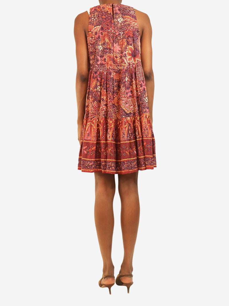Red sleeveless printed mini dress - size UK 2