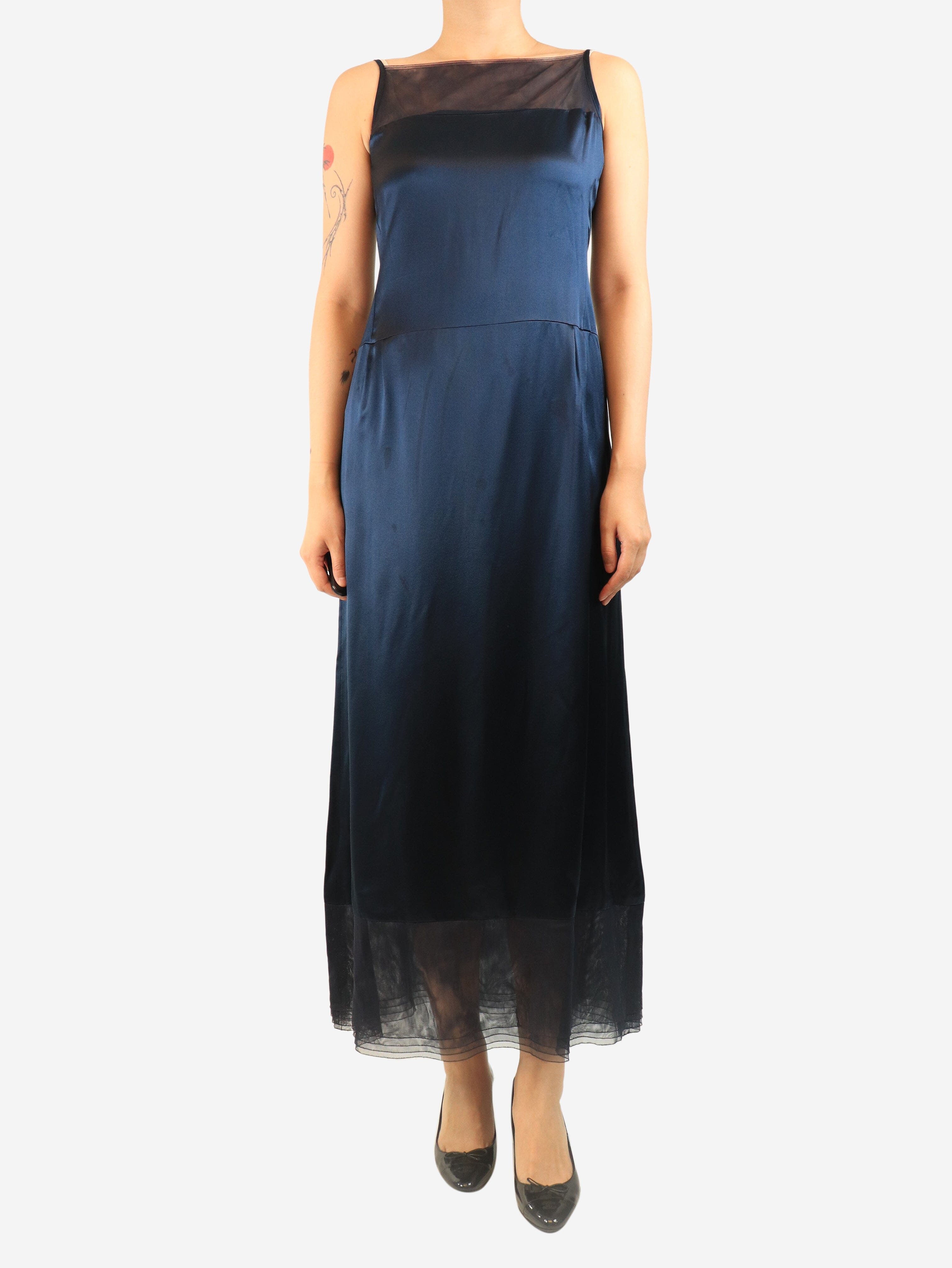 Navy satin silk dress and jacket set - size UK 10 Sets Chanel Boutique 