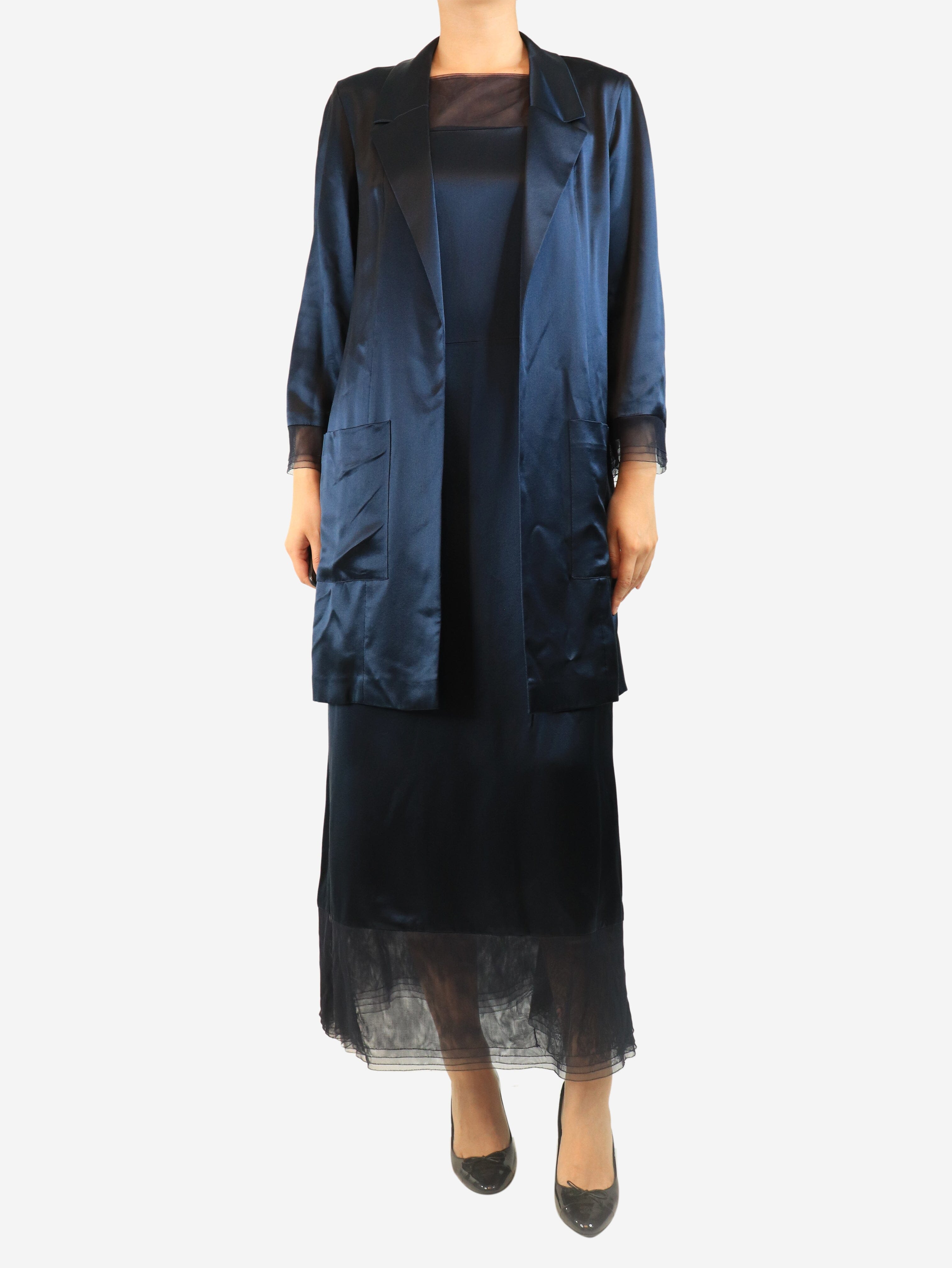 Navy satin silk dress and jacket set - size UK 10 Sets Chanel Boutique 