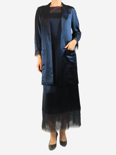 Navy satin silk dress and jacket set - size UK 10 Sets Chanel Boutique 