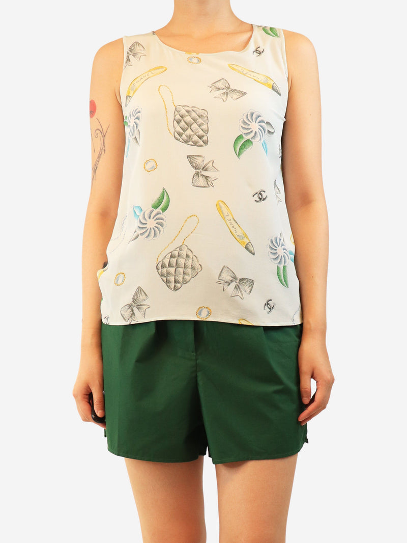 Pale blue sleeveless silk crepe printed top - size UK 10 Tops Chanel Boutique 