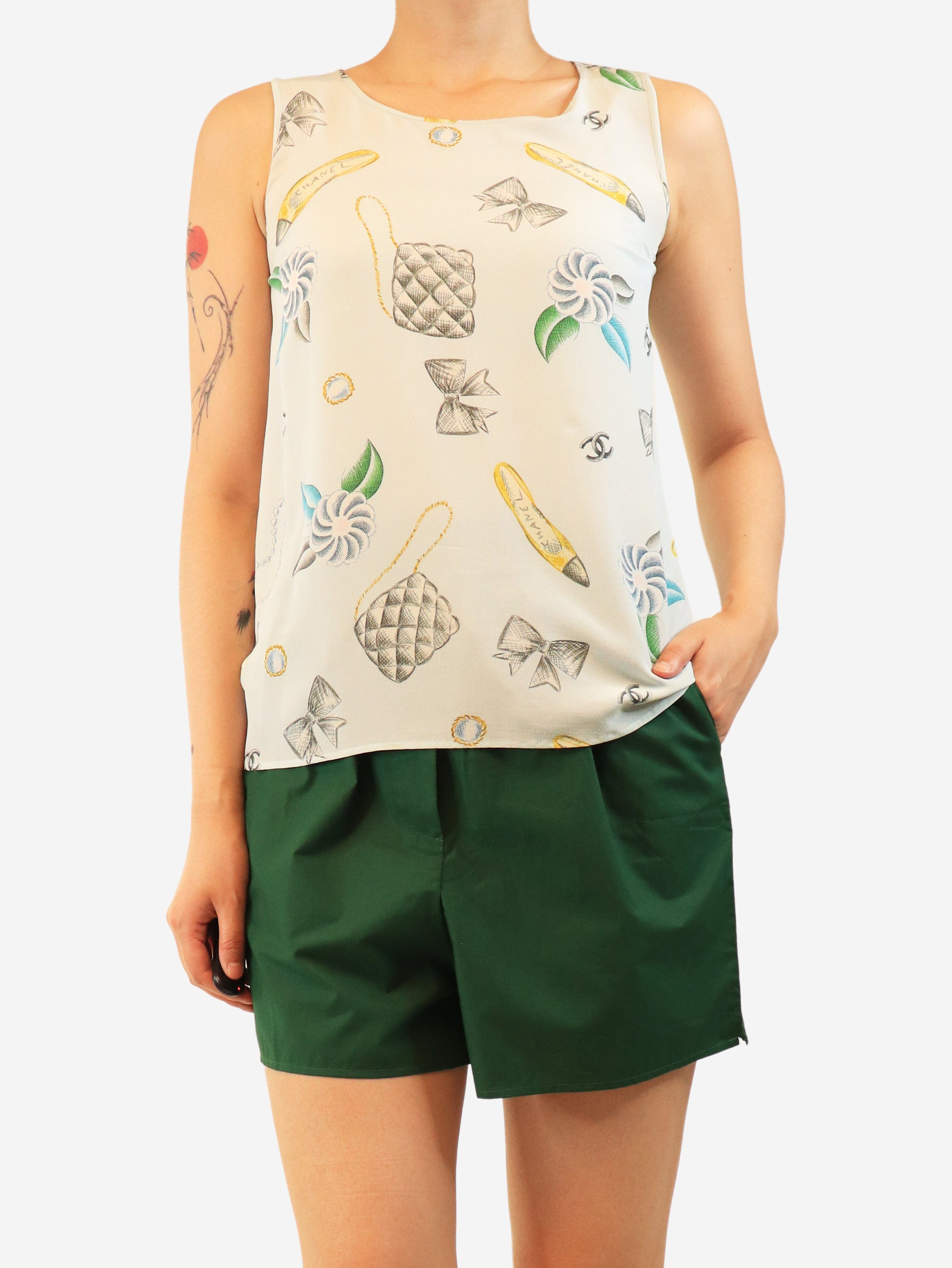 Pale blue sleeveless silk crepe printed top - size UK 10 Tops Chanel Boutique 
