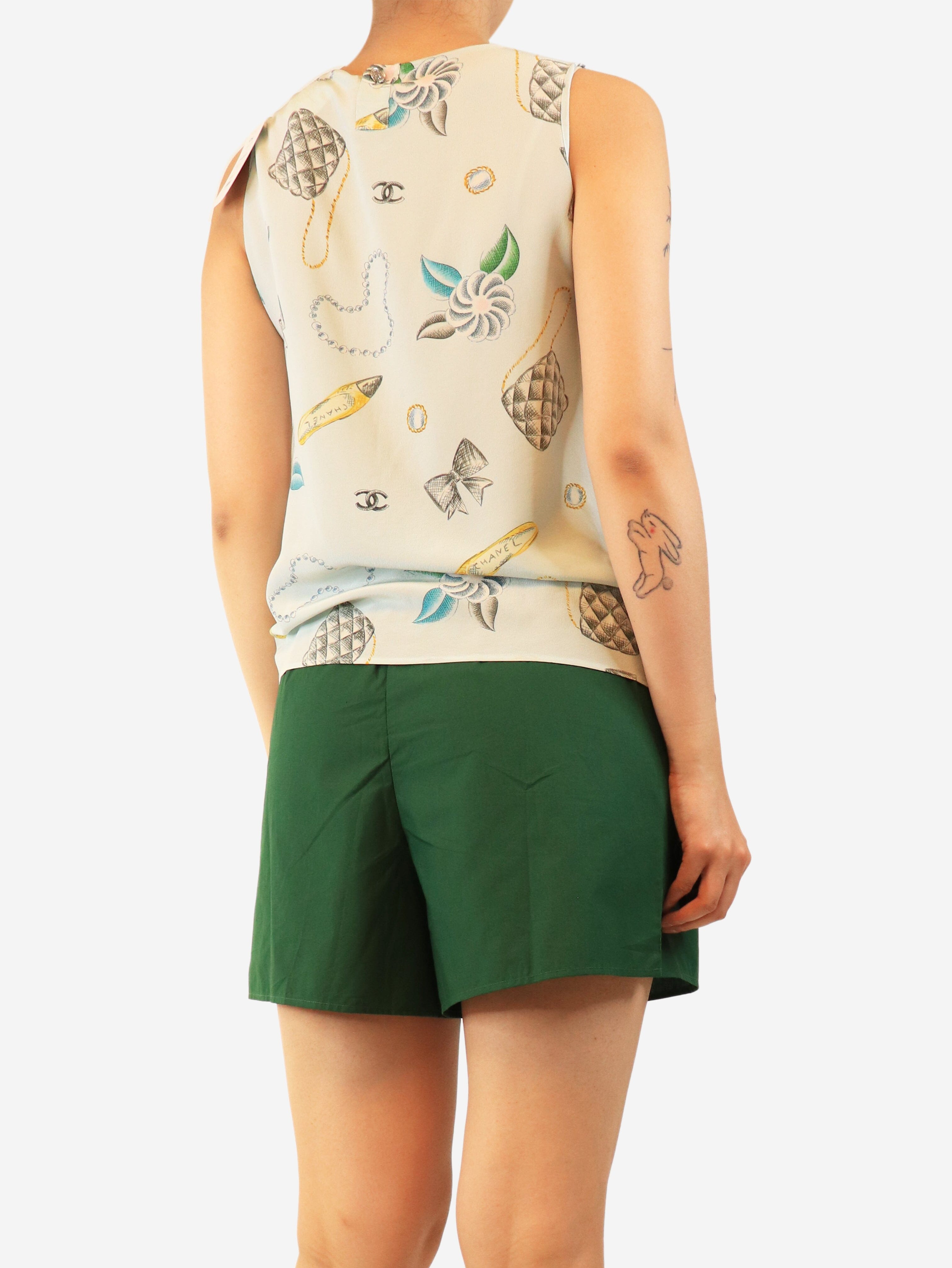 Pale blue sleeveless silk crepe printed top - size UK 10 Tops Chanel Boutique 