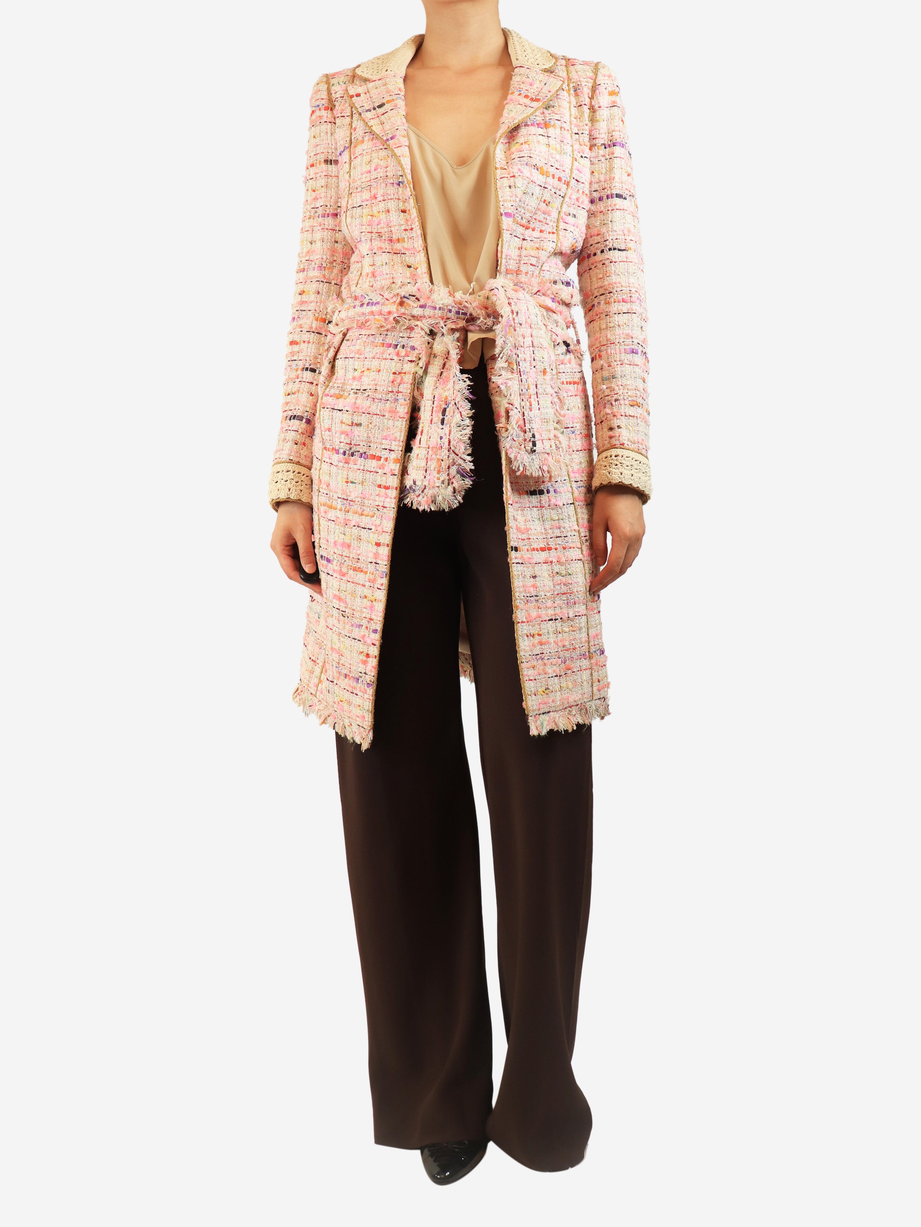 Pink tweed belted coat - size UK 8 Coats & Jackets Chanel 