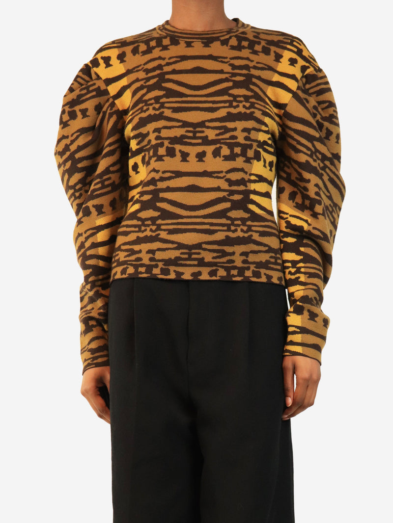Brown animal jacquard puff-sleeve knit jumper - size S Knitwear Ulla Johnson 