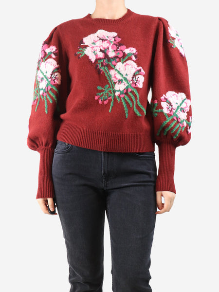 Burgundy floral puff-sleeved jumper - size M product image