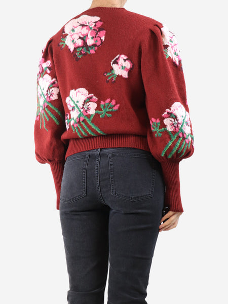 Burgundy floral puff-sleeved jumper - size M alternate image