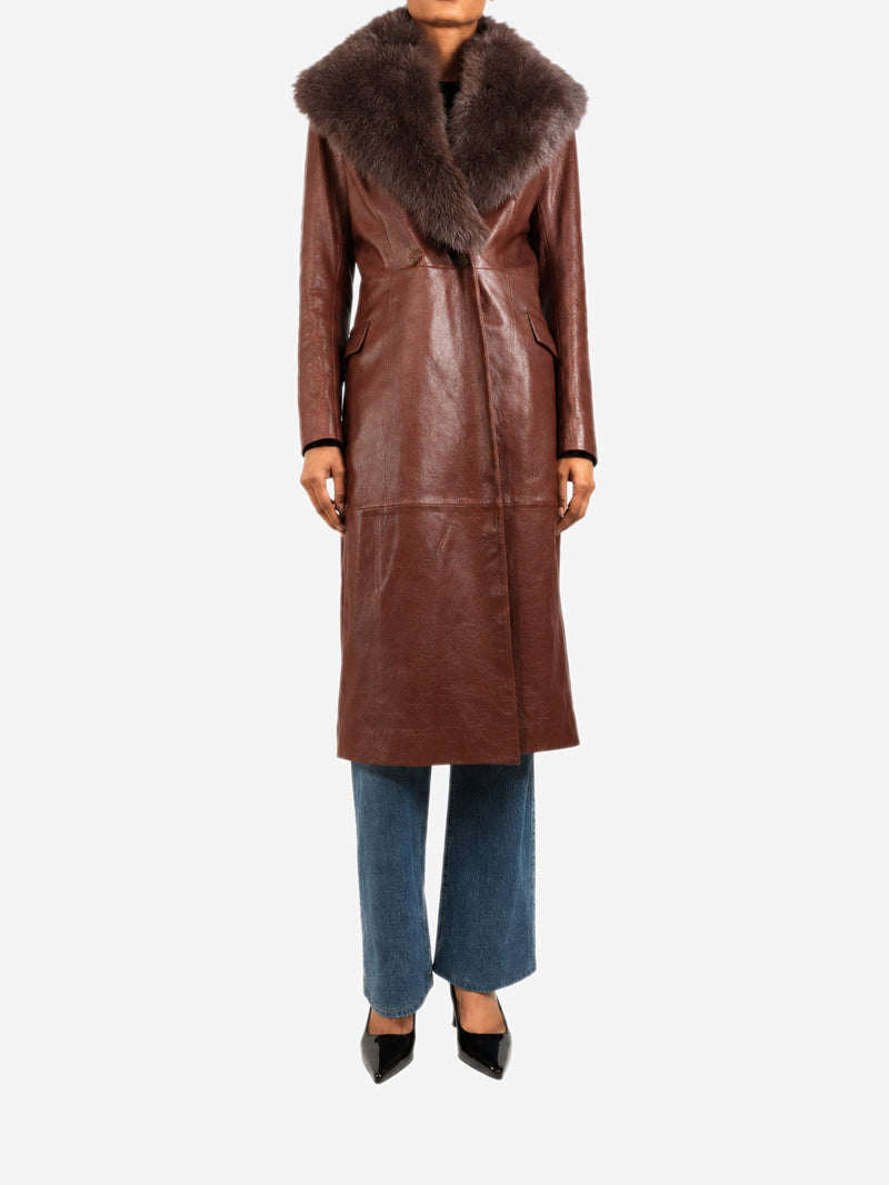 Chocolate brown niven leather trench coat - size UK 8 Coats & Jackets Nour Hammour 