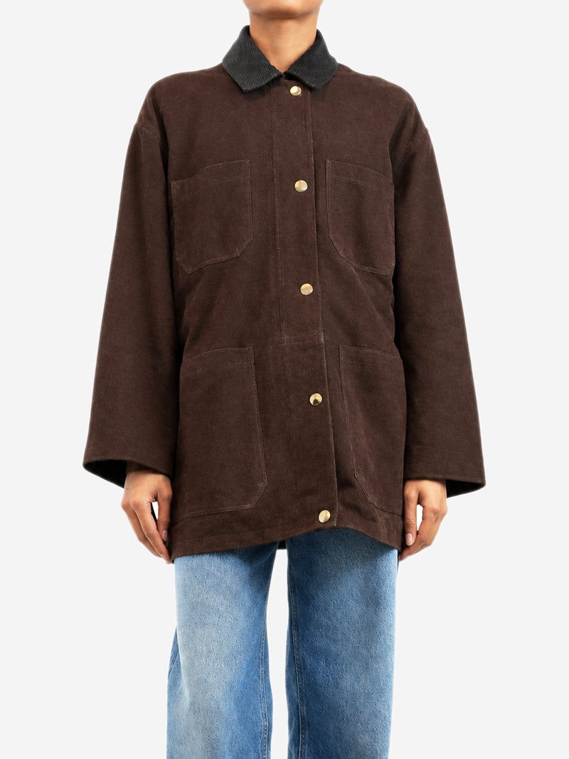 Dark brown suede coat with leather collar - size UK 8 Coats & Jackets Nour Hammour 