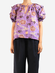 Purple puff-sleeve printed blouse - size UK 14 Tops Ulla Johnson 