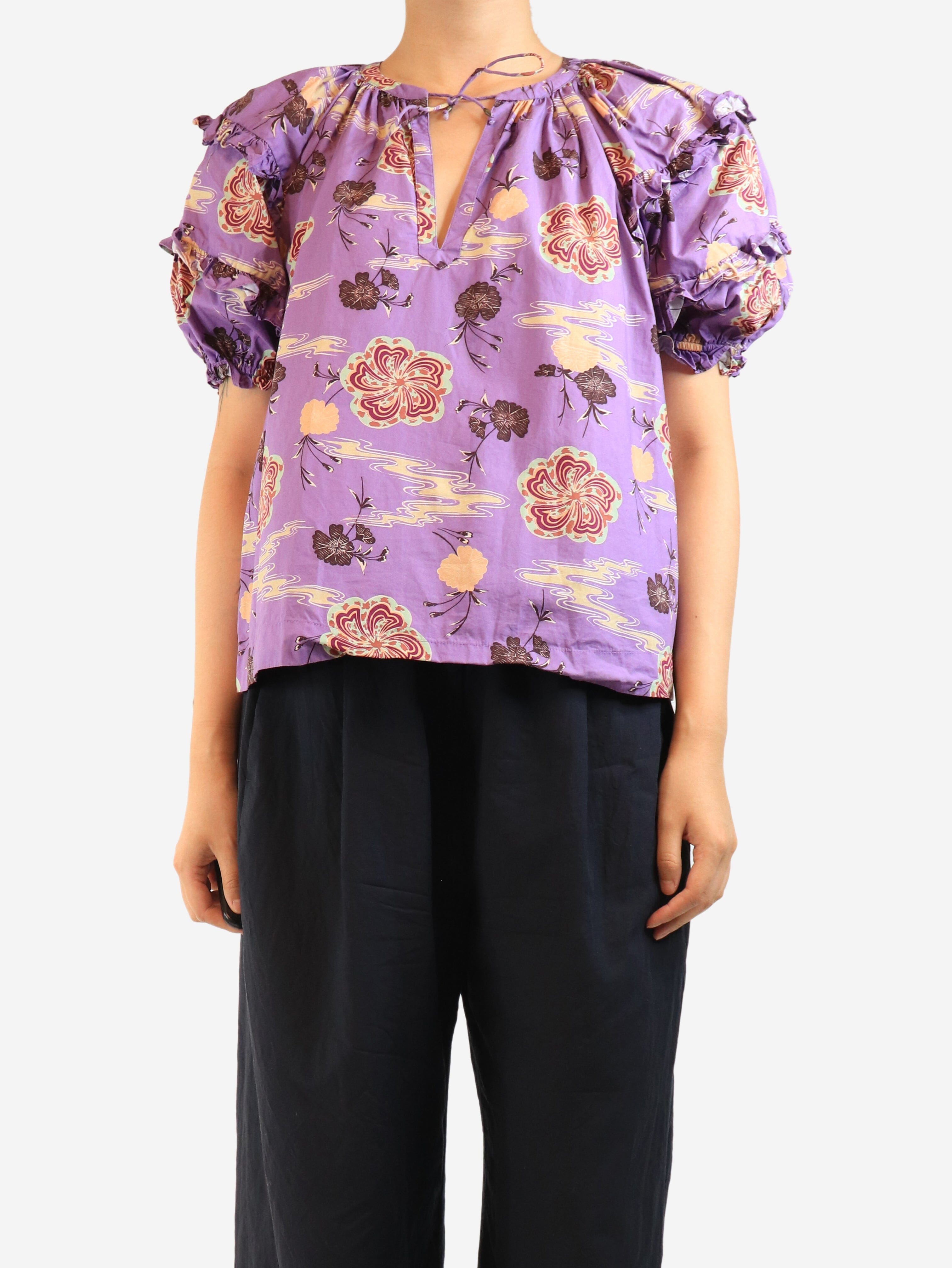 Purple puff-sleeve printed blouse - size UK 14 Tops Ulla Johnson 