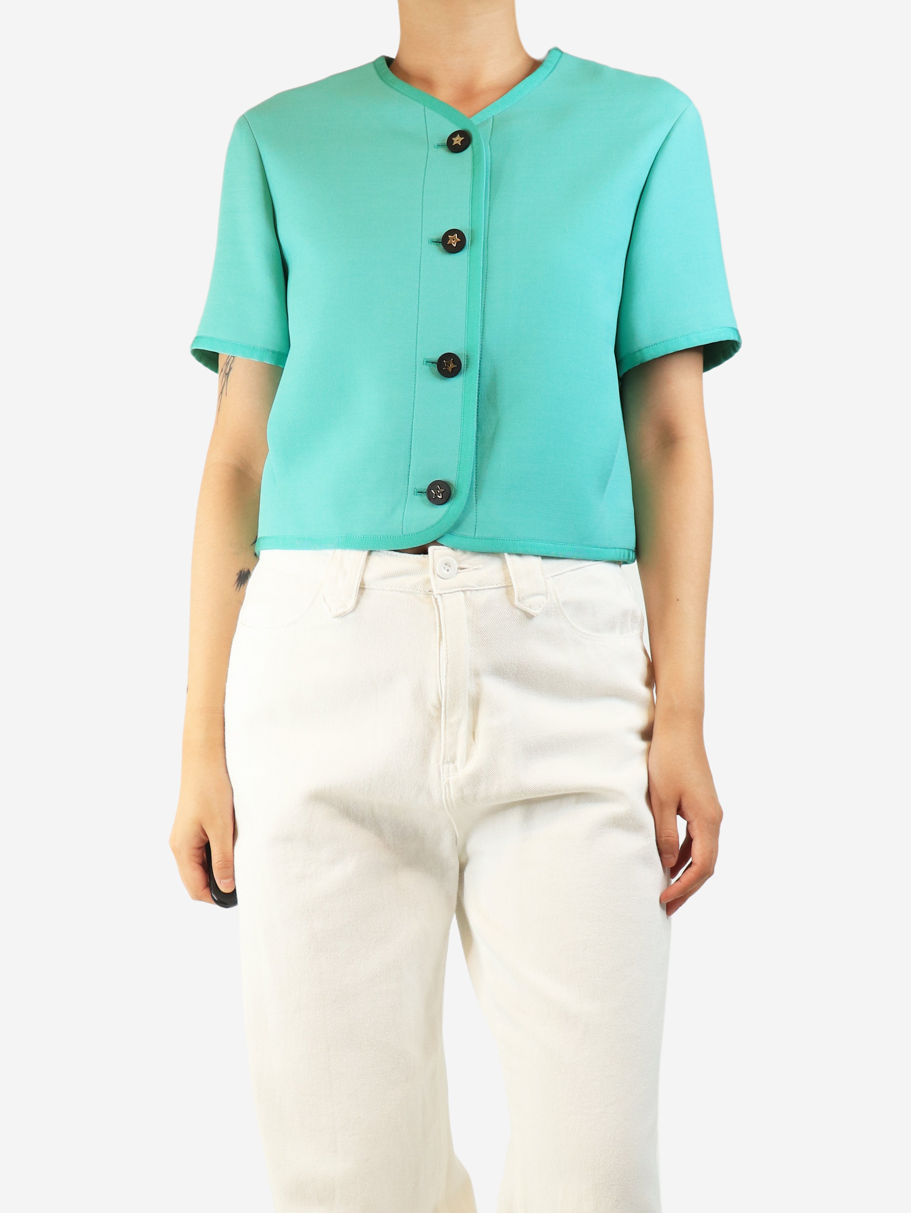 Green cropped wool-blend jacket - size UK 10