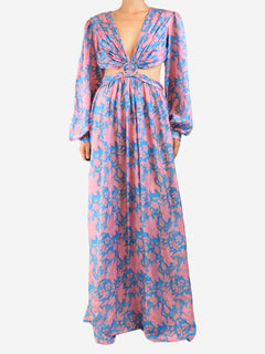 Blue and pink silk open-back maxi dress - size UK 12