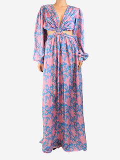 Blue and pink silk open-back maxi dress - size UK 12