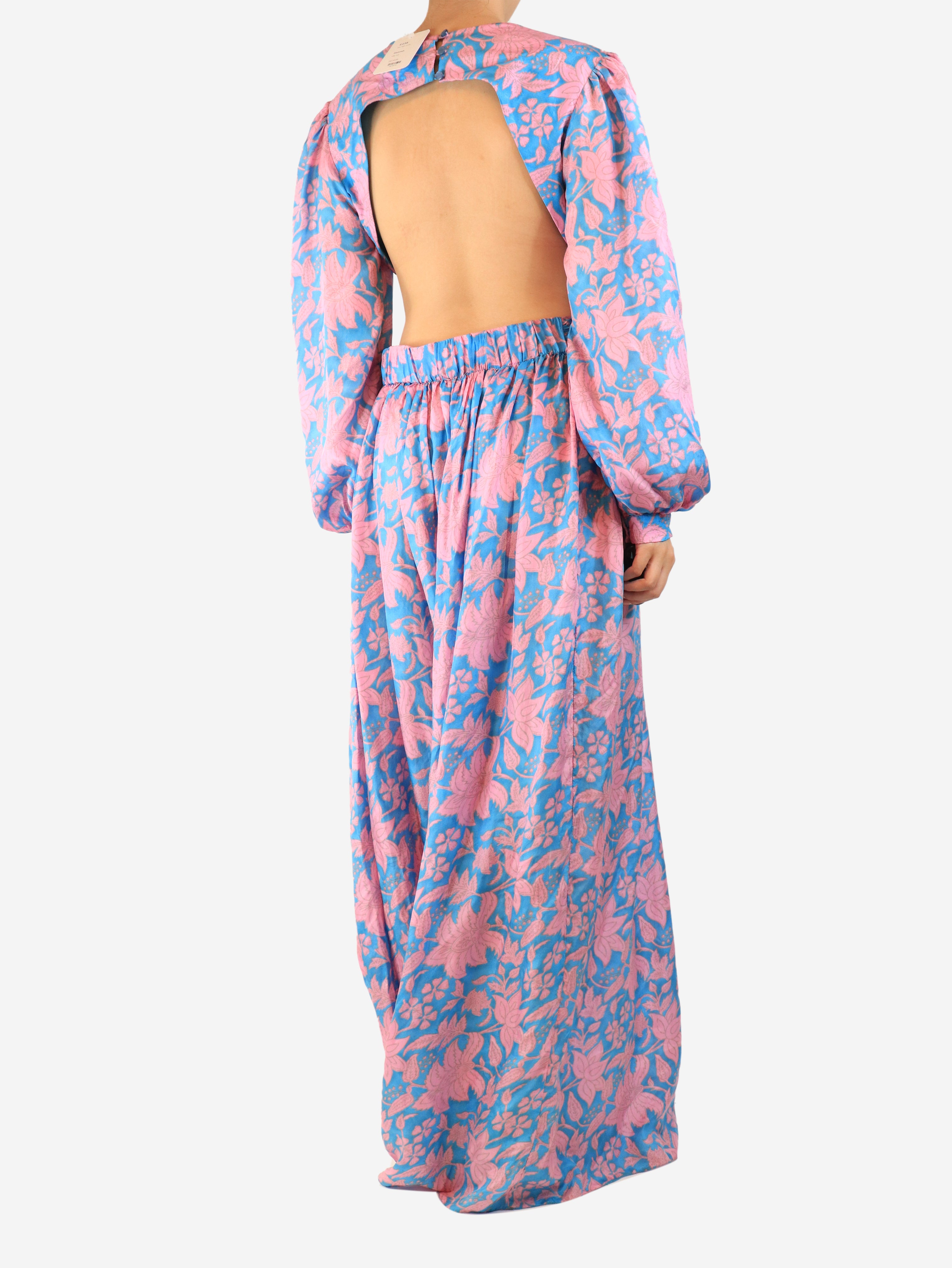 Blue and pink silk open-back maxi dress - size UK 12