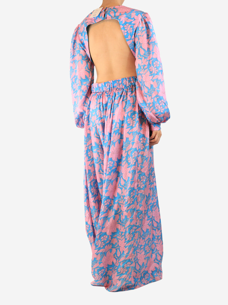 Blue and pink silk open-back maxi dress - size UK 12