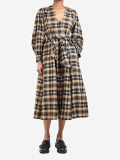 Brown check seersucker midi dress - size UK 6 Dresses Ganni 