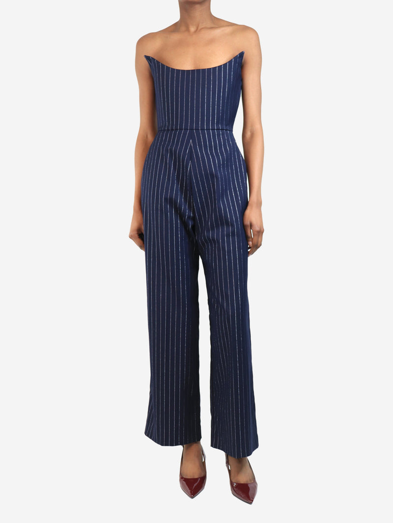 Navy blue pinstripe strapless jumpsuit