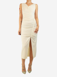 Cream sleeveless ruched mini dress - size UK 8