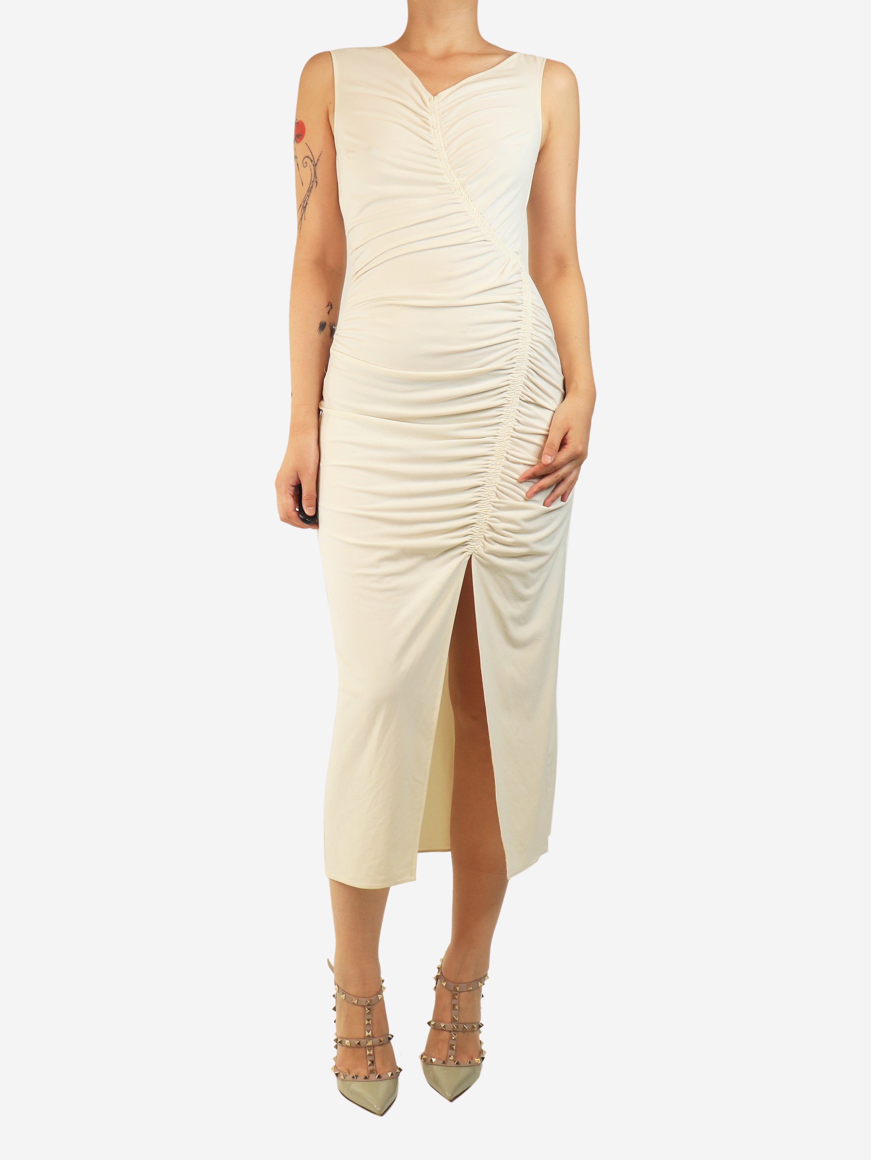 Cream sleeveless ruched mini dress - size UK 8