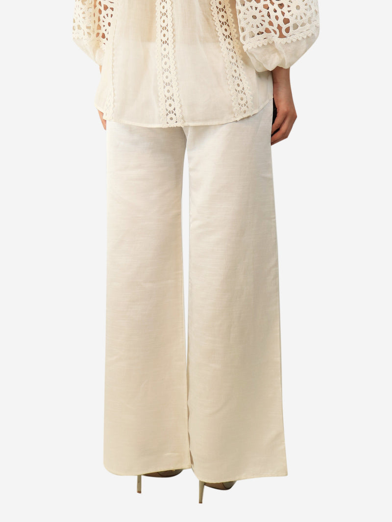 White elasticated linen-blend trousers - size UK 10 Trousers Destree 