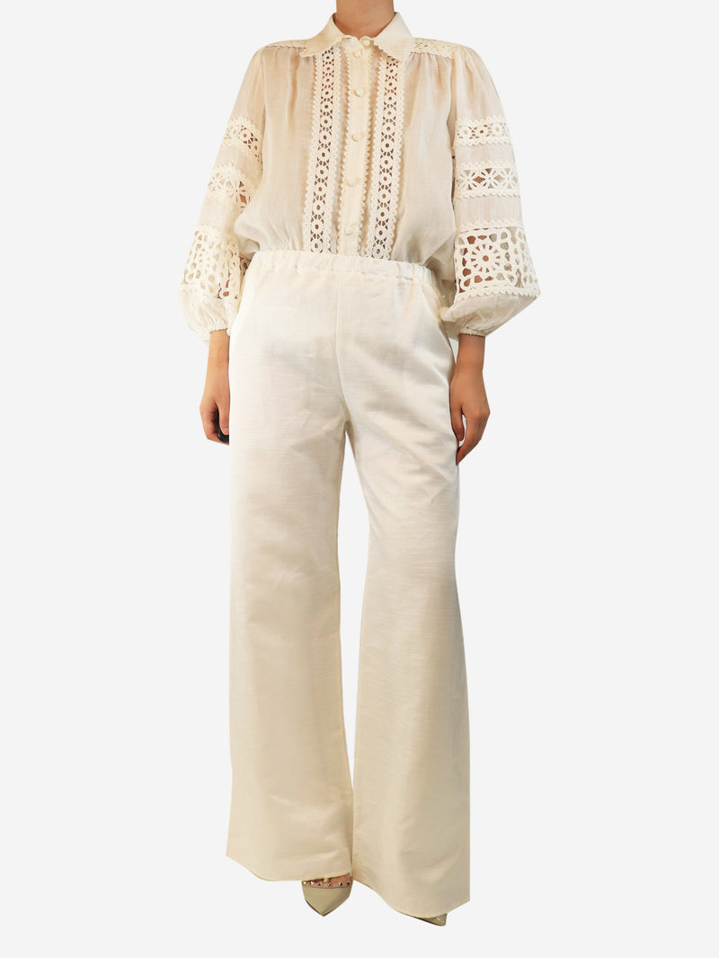 White elasticated linen-blend trousers - size UK 10 Trousers Destree 