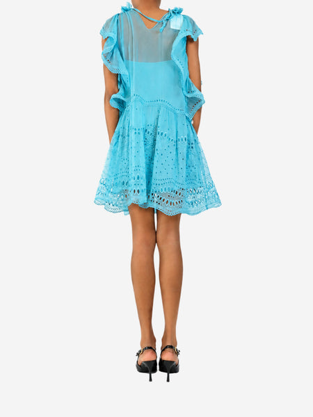 Blue broderie silk mini dress - size UK 8 alternate image