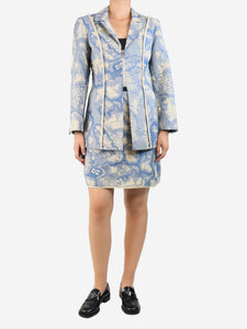 Ganni Blue and cream floral jacquard jacket and skirt set - size UK 10