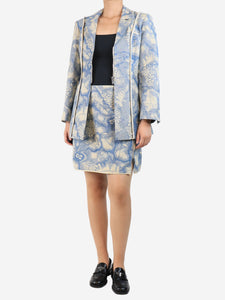 Ganni Blue and cream floral jacquard jacket and skirt set - size UK 10
