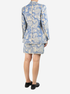 Ganni Blue and cream floral jacquard jacket and skirt set - size UK 10