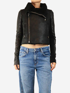 Black shearling leather jacket - size UK 10