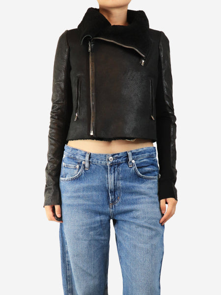 Black shearling leather jacket - size UK 10 product image