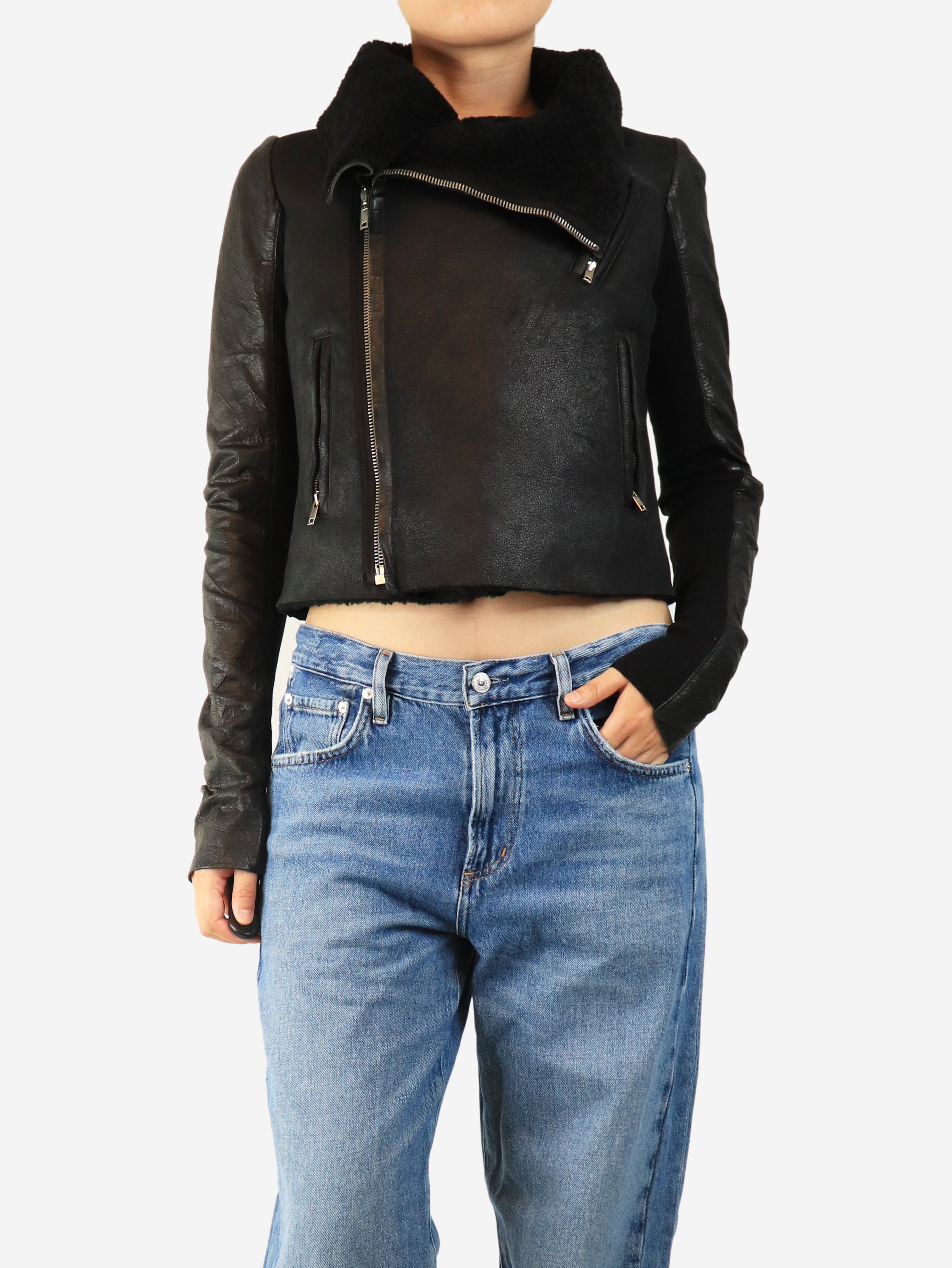 Black shearling leather jacket - size UK 10