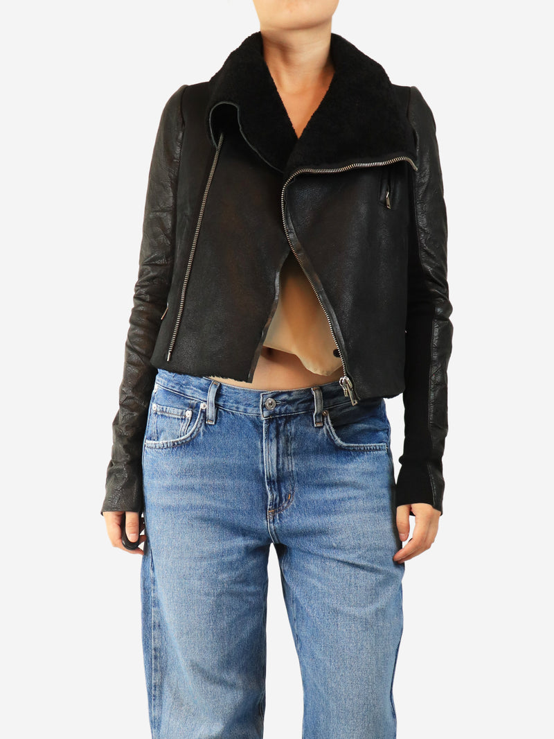Black shearling leather jacket - size UK 10