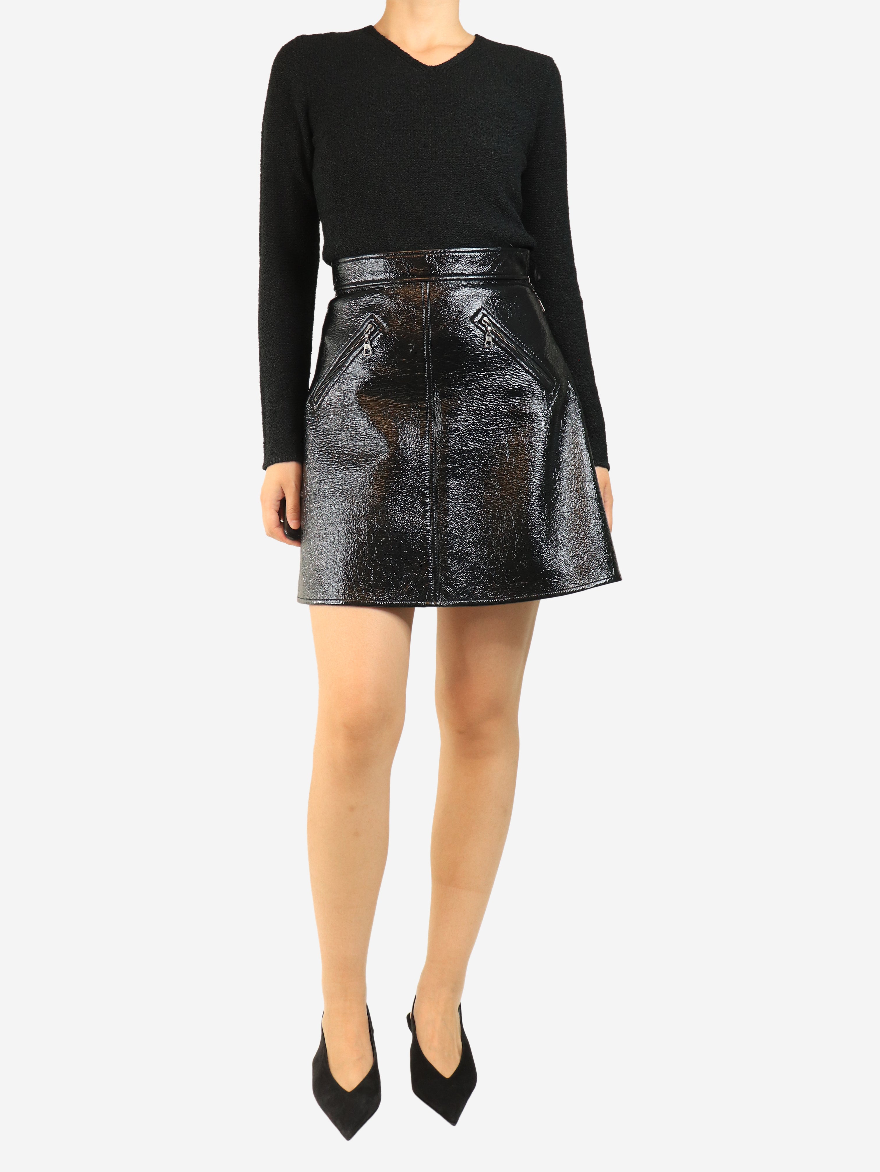 Black crinkled-patent skater skirt - size UK 10