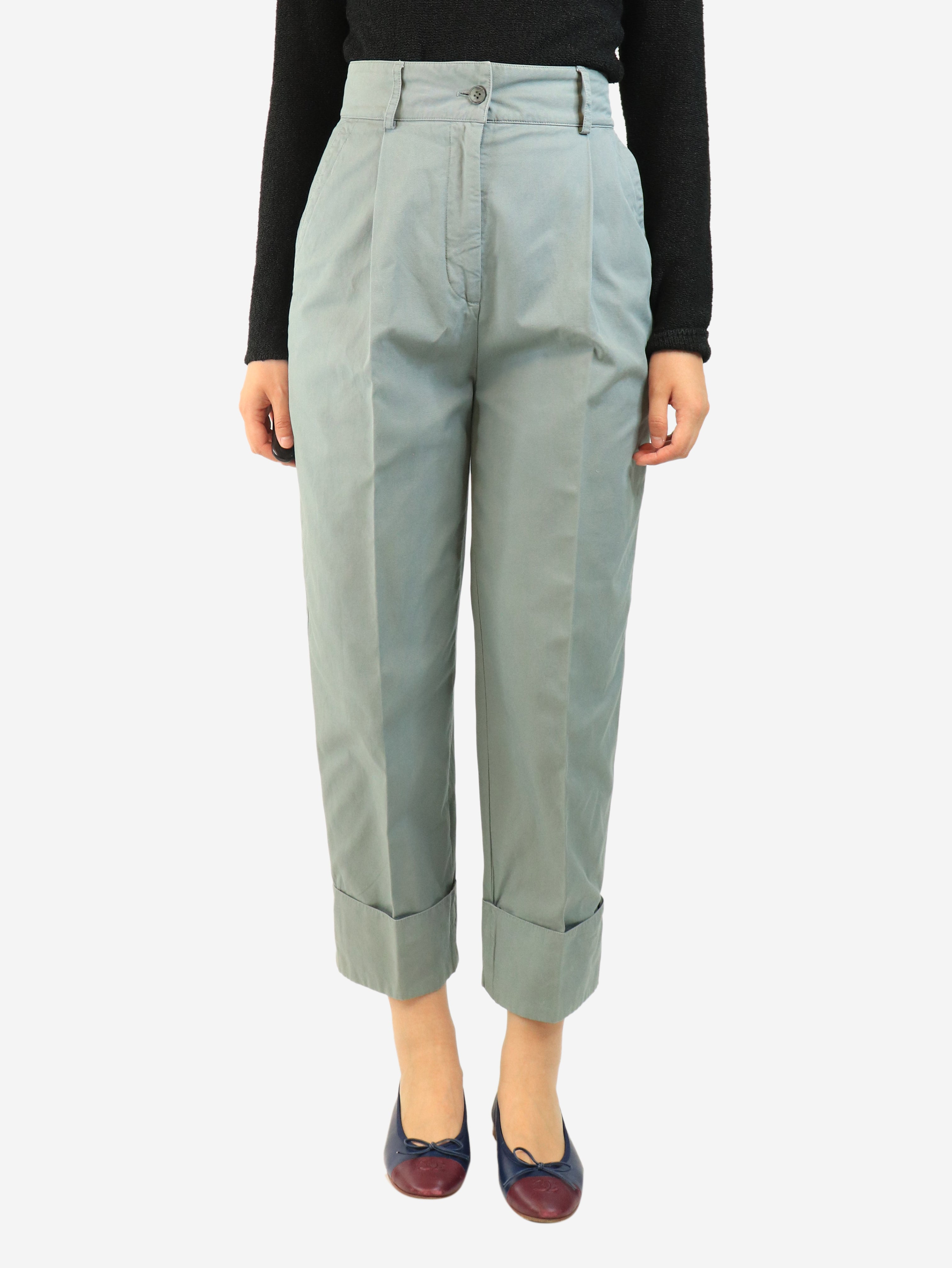Blue cotton turn-up trousers - size UK 8