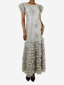 Erdem Silver bejewelled ruffle maxi dress - size UK 6