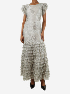 Erdem Silver bejewelled ruffle maxi dress - size UK 6