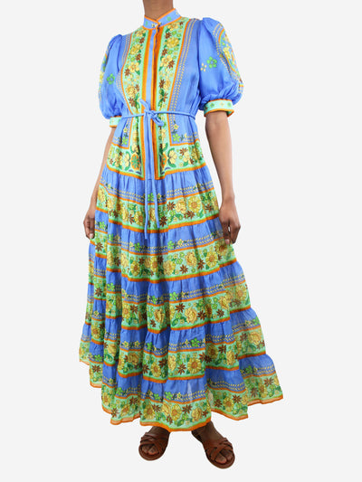 Blue puff-sleeved floral printed tiered midi dress - size UK 6 Dresses Alemais 