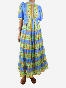 Alemais Blue puff-sleeved floral printed tiered midi dress - size UK 6