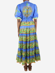 Alemais Blue puff-sleeved floral printed tiered midi dress - size UK 6