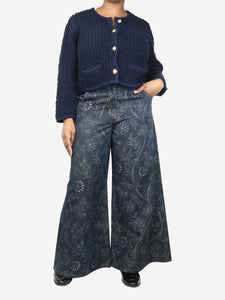 Etro Blue floral-jacquard wide-leg jeans - size UK 12