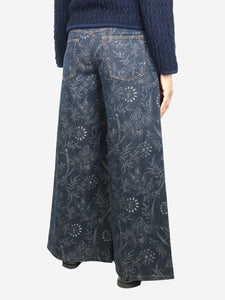 Etro Blue floral-jacquard wide-leg jeans - size UK 12