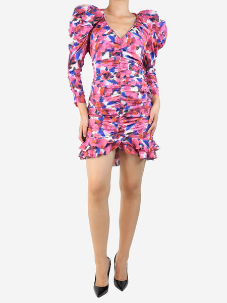 Pink printed ruched mini dress - size UK 10 alternate image